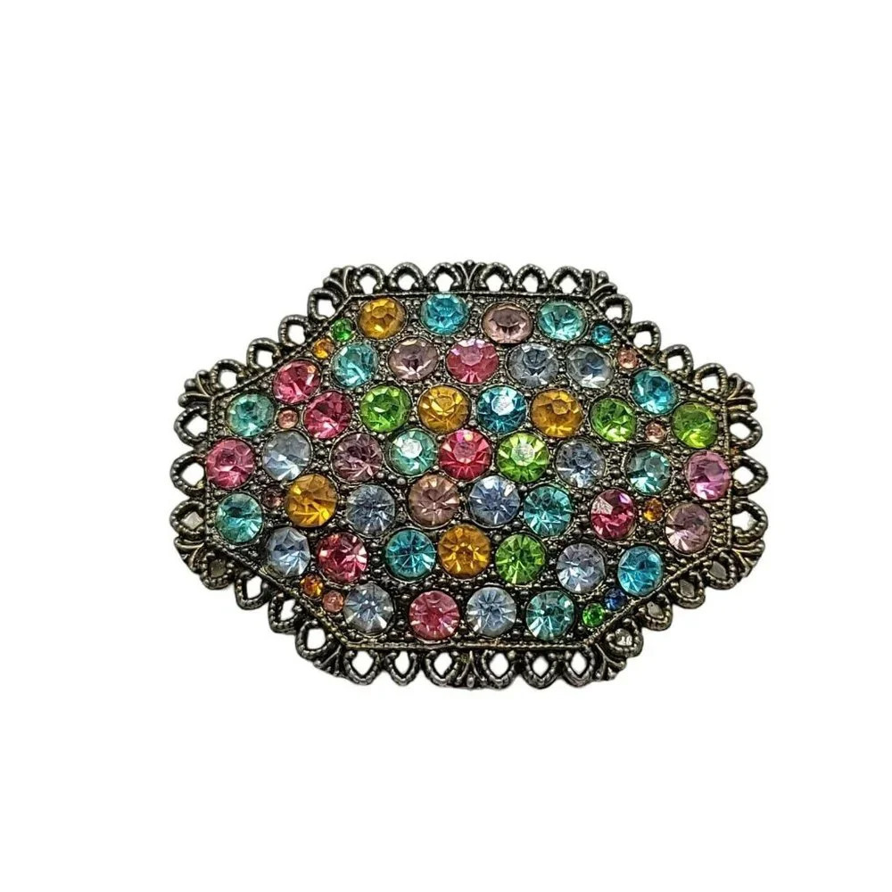 Multi-Color Pastel Rhinestone Large Vintage Filigree Silver Tone Brooch